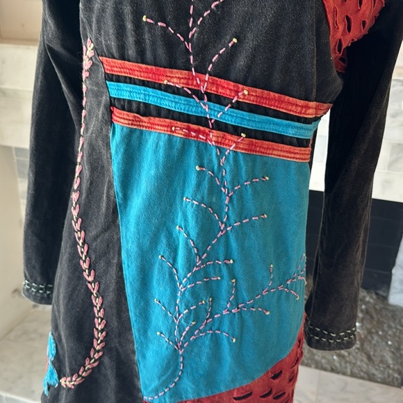 Boho Nepalese Embroidered Floral Black Multicolored Cotton Mini Dress Size Small - Picture 3 of 10